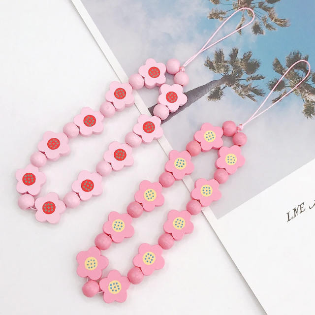 Boho wooden bead flower phone chain