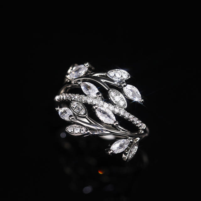 Elegant cubic zircon leaf design copper rings