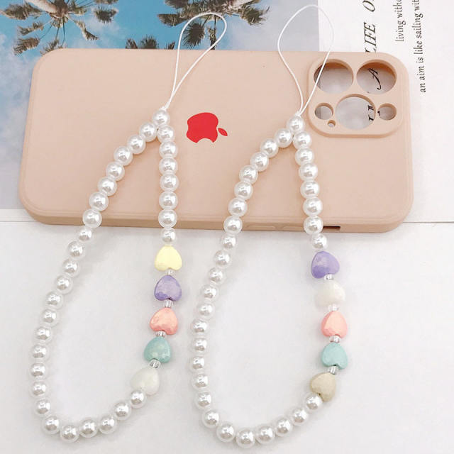Handmade pearl beads heart short phone chain
