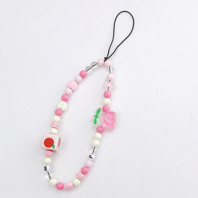 Sweet pink color flower bead short phone chain
