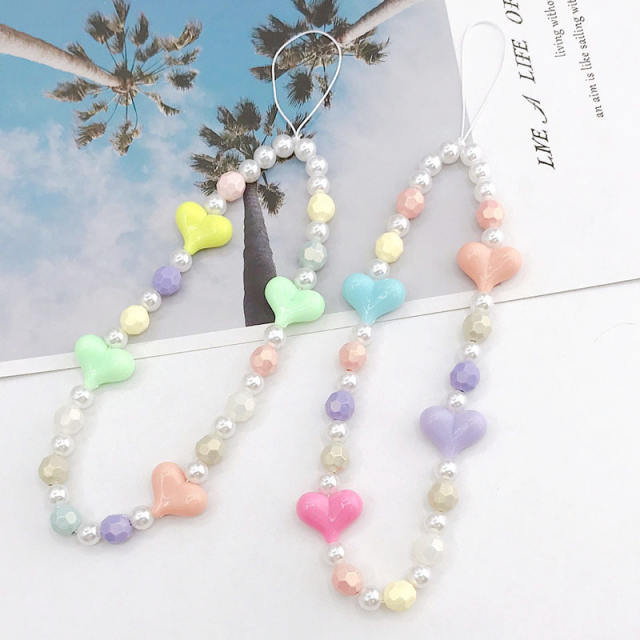 INS colorful heart acrylic bead short phone chain