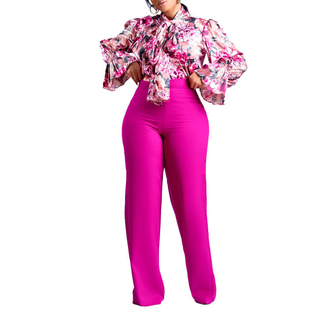 Plus size floral blouse pants set