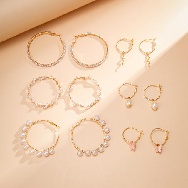 Vintage faux pearl beads geometric earrings set