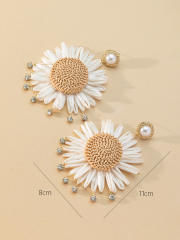Handmade rhinestone straw sunflower dangle earrings