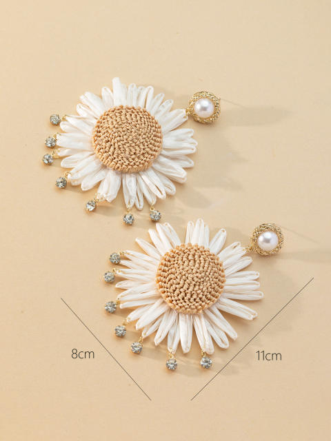 Handmade rhinestone straw sunflower dangle earrings