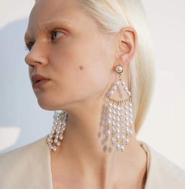 925 needle faux pearl beads tassel dangle earrings