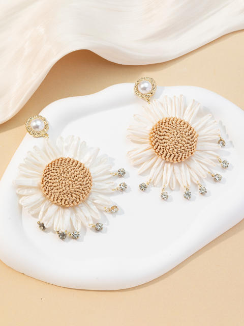 Handmade rhinestone straw sunflower dangle earrings