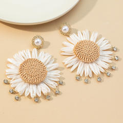 Handmade rhinestone straw sunflower dangle earrings
