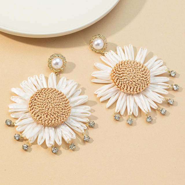 Handmade rhinestone straw sunflower dangle earrings