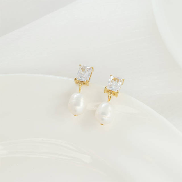 INS trend color cubic zircon pearl drop stainless steel earrings