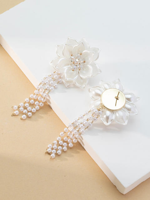 Delicate white acrylic flower pearl tassel wedding earrings