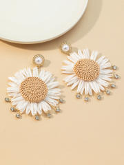 Handmade rhinestone straw sunflower dangle earrings