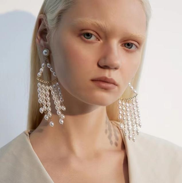 925 needle faux pearl beads tassel dangle earrings