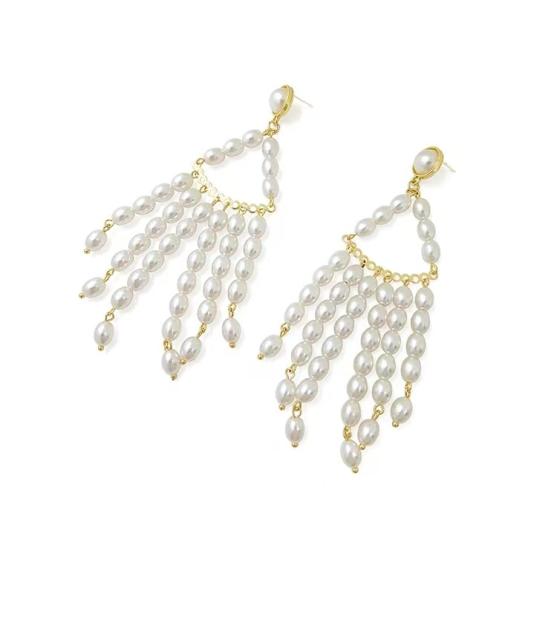 925 needle faux pearl beads tassel dangle earrings