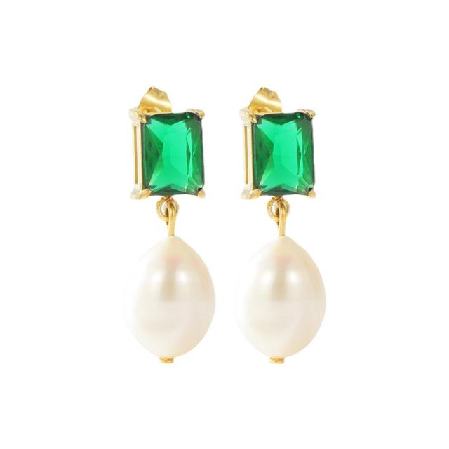 INS trend color cubic zircon pearl drop stainless steel earrings
