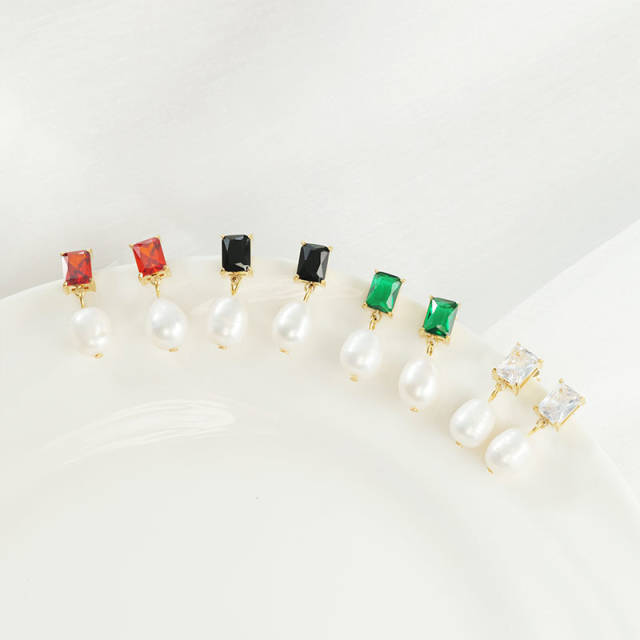 INS trend color cubic zircon pearl drop stainless steel earrings