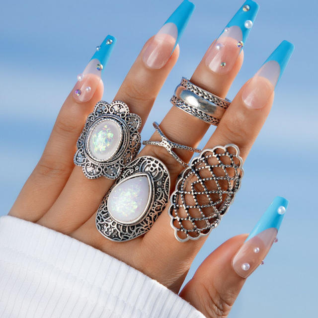 5pcs punk trend black stone chunky stackable rings