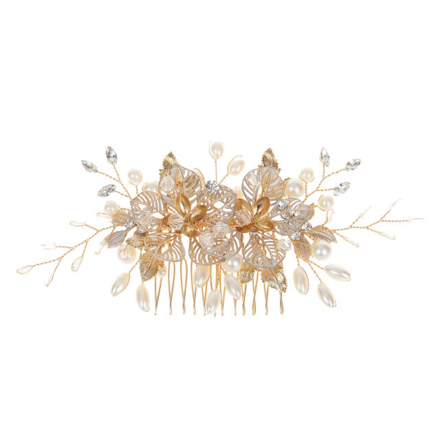Elegant hollow metal flower pearl beads wedding hair combs