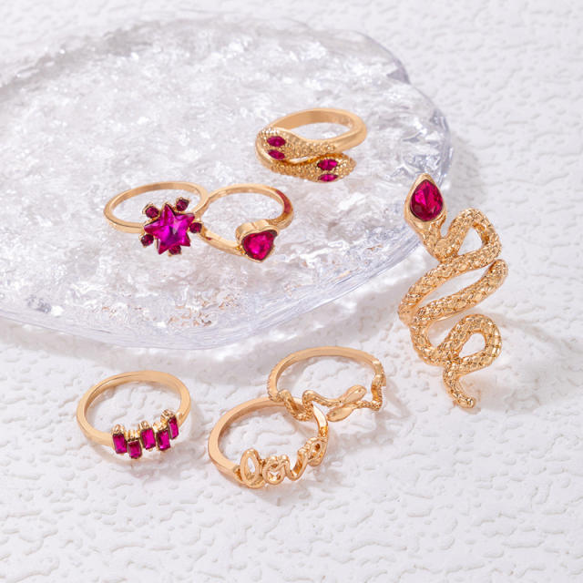 7pcs rose red rhinestone snake stackable rings