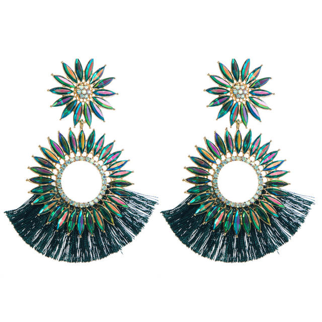 Boho color glass crystal statement sunflower rope tassel earrings