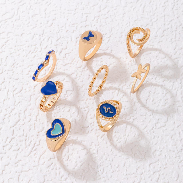 8pcs geometric heart blue color stackable rings