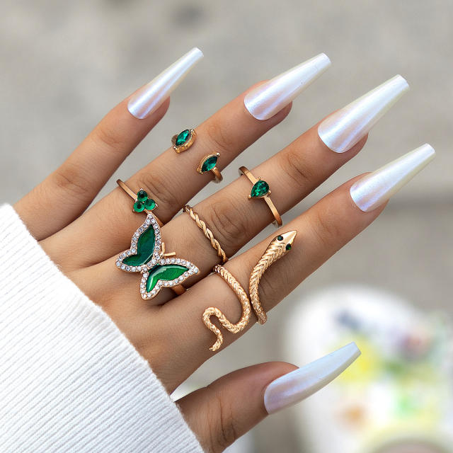 6pcs green butterfly alloy stackable rings