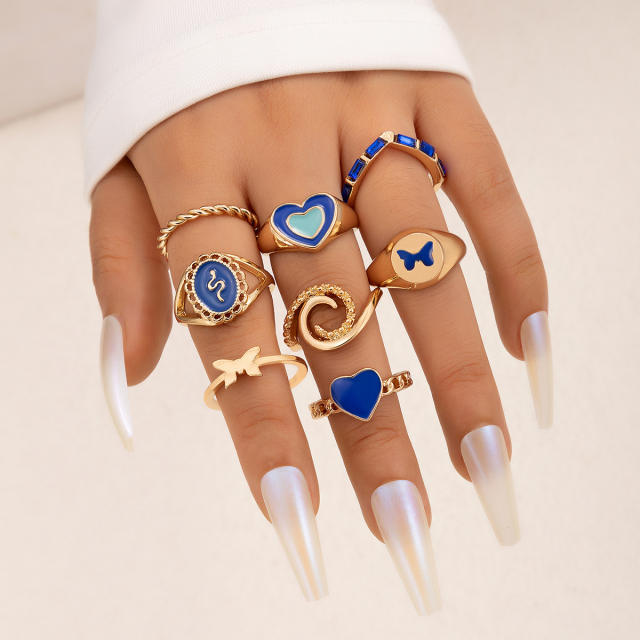 8pcs geometric heart blue color stackable rings