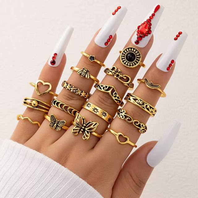 17pcs Vintage gold color butterfly stackable rings