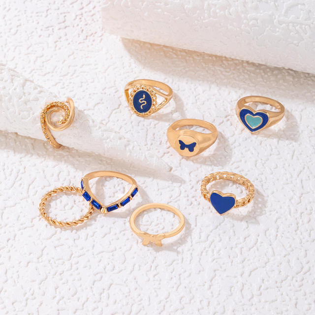 8pcs geometric heart blue color stackable rings