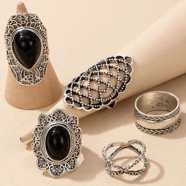 5pcs punk trend black stone chunky stackable rings