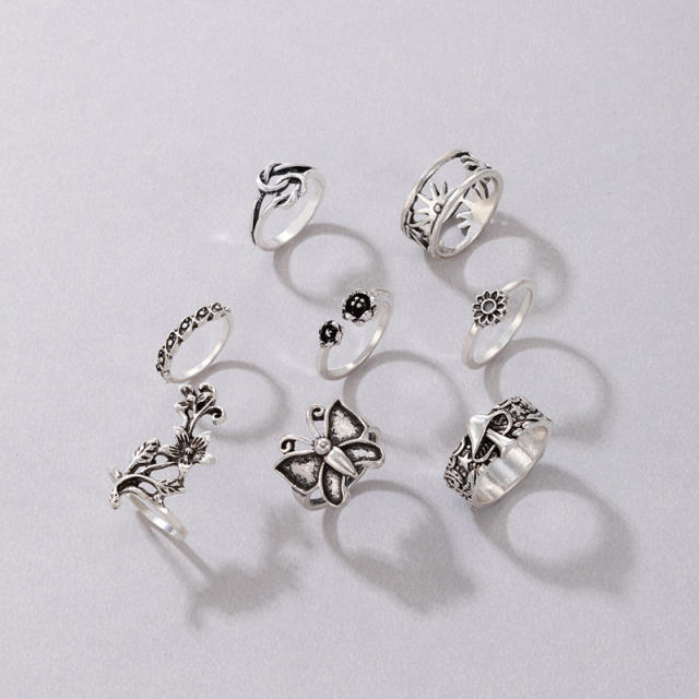 8pcs Vintage silver color butterfly flower stackable rings