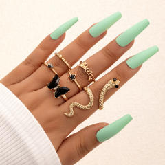 7pcs black butterfly alloy snake stackable rings