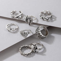 8pcs punk trend silver color skull head stackable rings