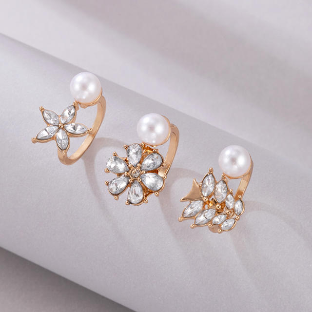 3pcs rhinestone pearl bead alloy stackable rings