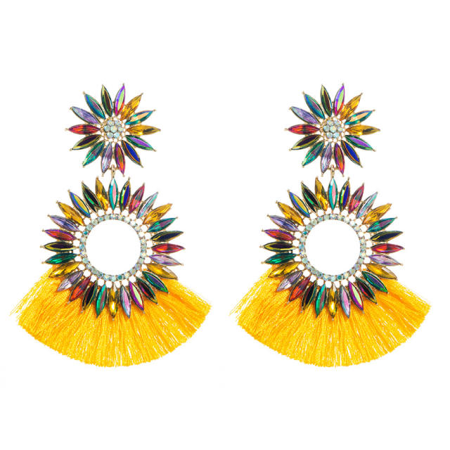 Boho color glass crystal statement sunflower rope tassel earrings