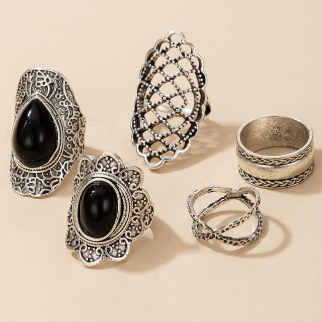 5pcs punk trend black stone chunky stackable rings
