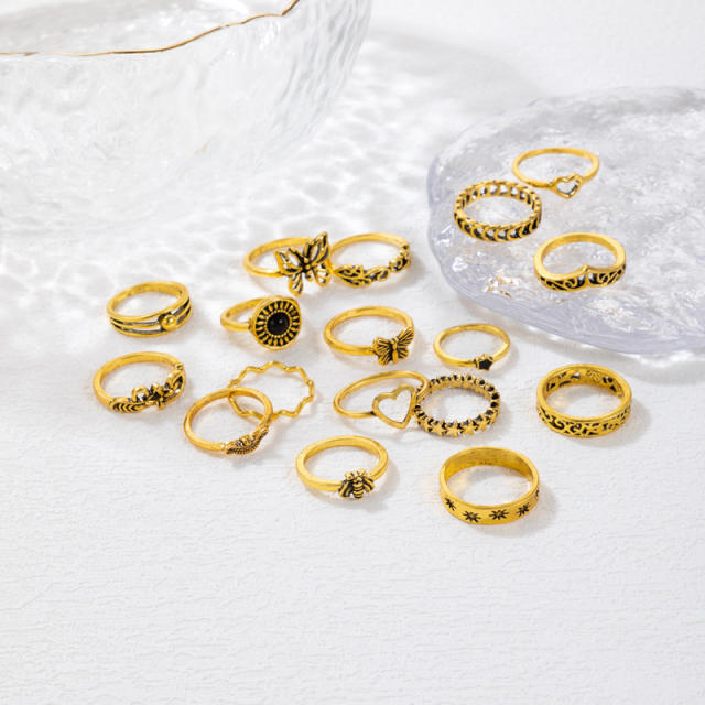 17pcs Vintage gold color butterfly stackable rings