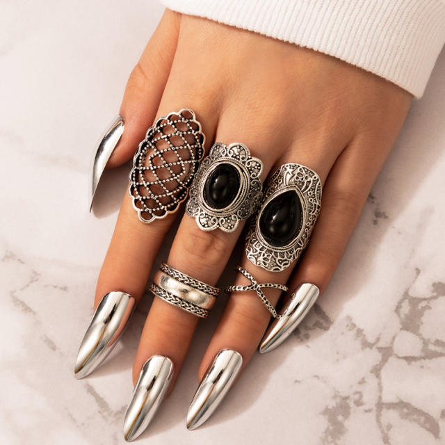 5pcs punk trend black stone chunky stackable rings