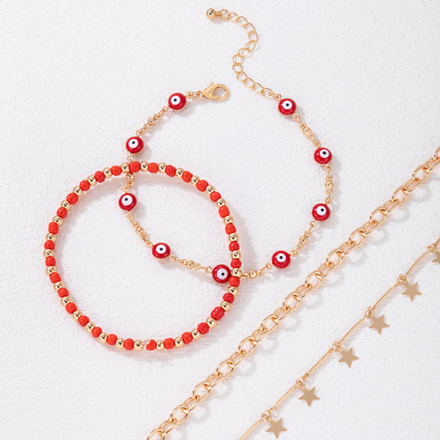 Boho red color bead evil eye layer anklet