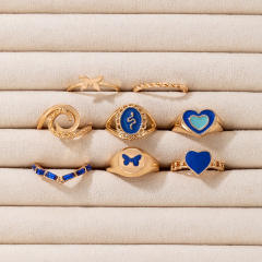 8pcs geometric heart blue color stackable rings