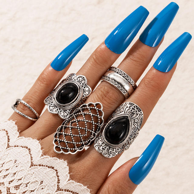 5pcs punk trend black stone chunky stackable rings