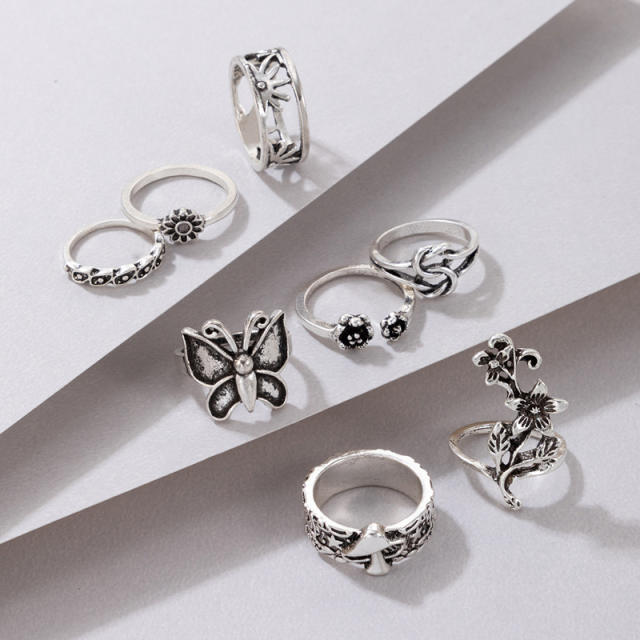 8pcs Vintage silver color butterfly flower stackable rings