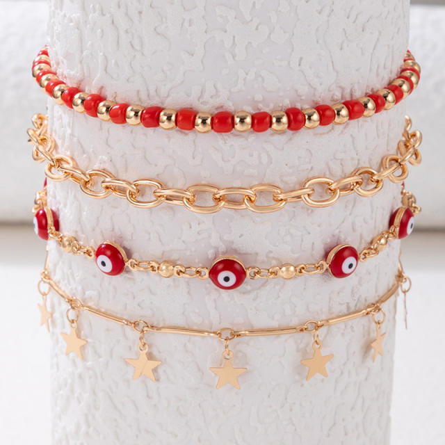 Boho red color bead evil eye layer anklet