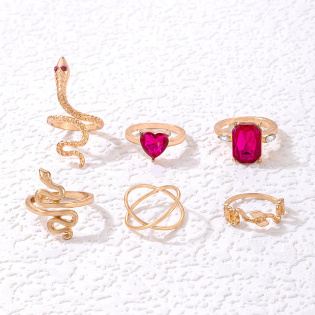 Boho rose red stone snake stackable rings