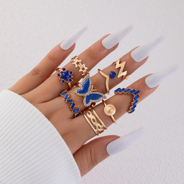 9pcs Blue color butterfly stackable rings