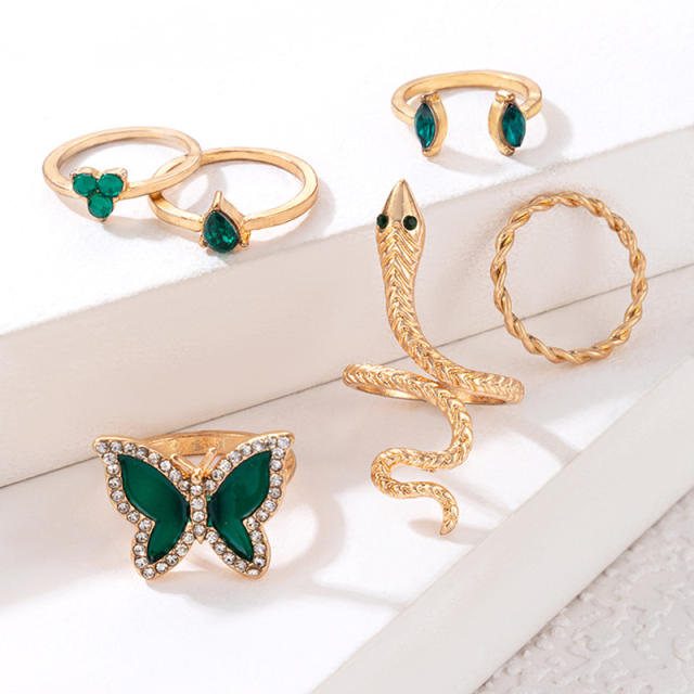 6pcs green butterfly alloy stackable rings