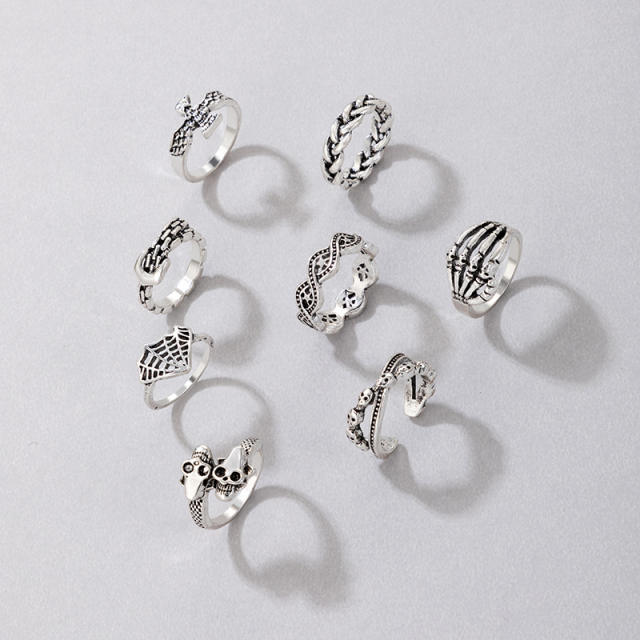 8pcs vintage silver color punk trend stackable rings