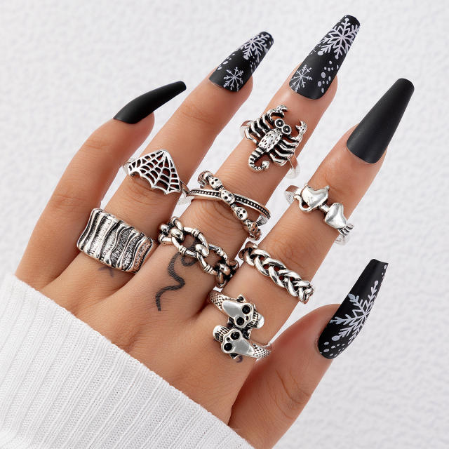 8pcs punk trend silver color skull head stackable rings