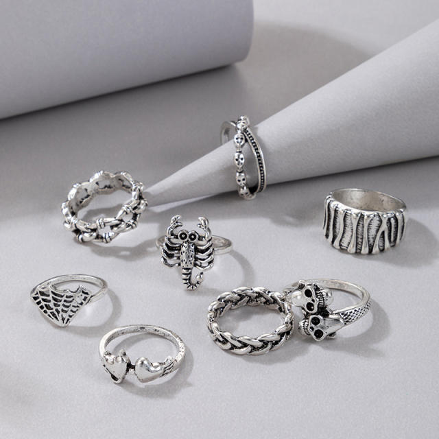 8pcs punk trend silver color skull head stackable rings