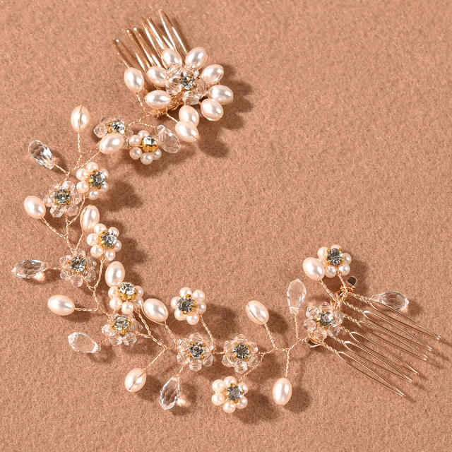 Handmade crystal bead pearl wedding hair vines